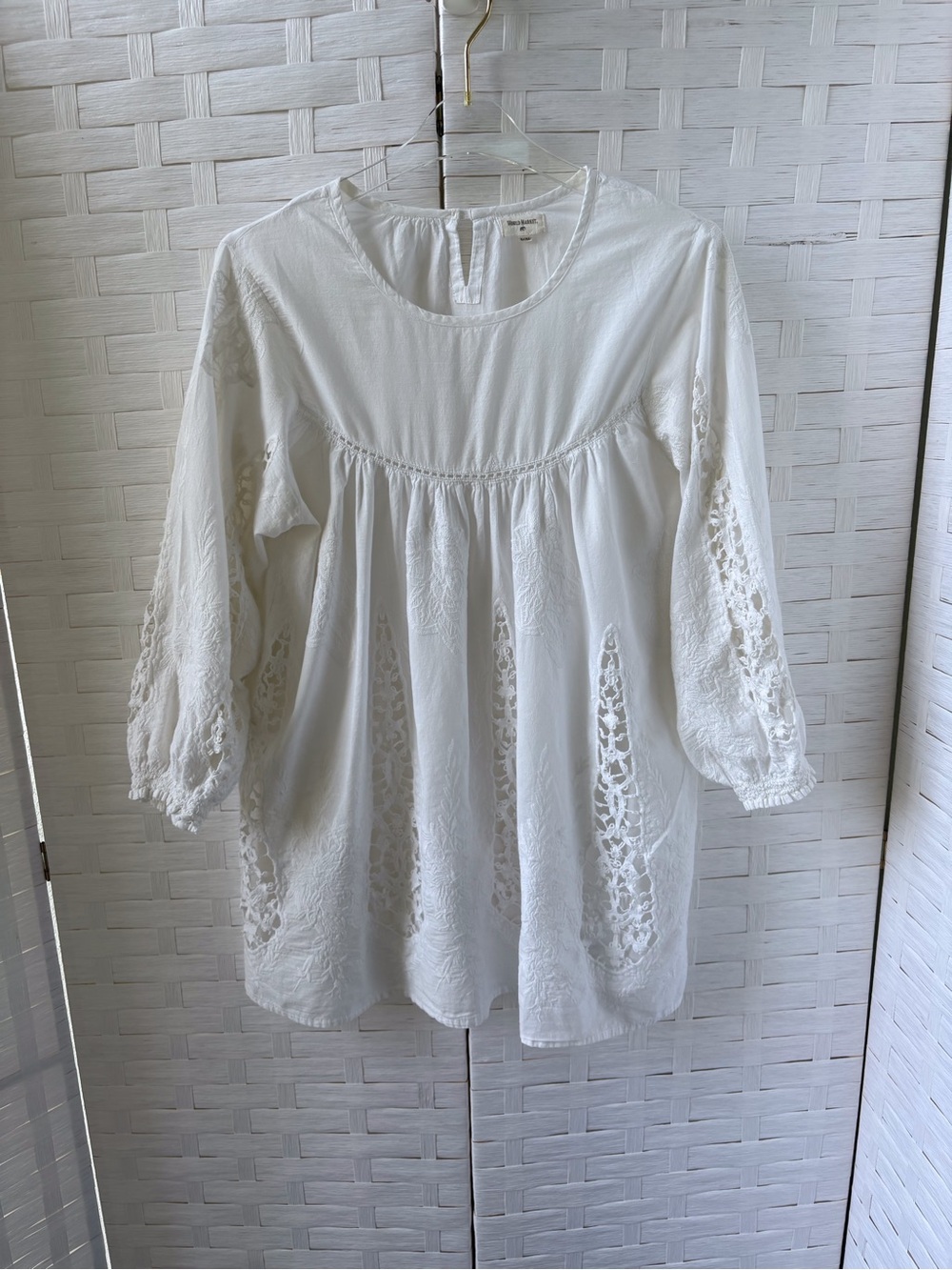 World Market Cotton L/XL White Crochet Babydoll Top 3/4 Sleeve Keyhole Back Soft - Picture 6 of 14